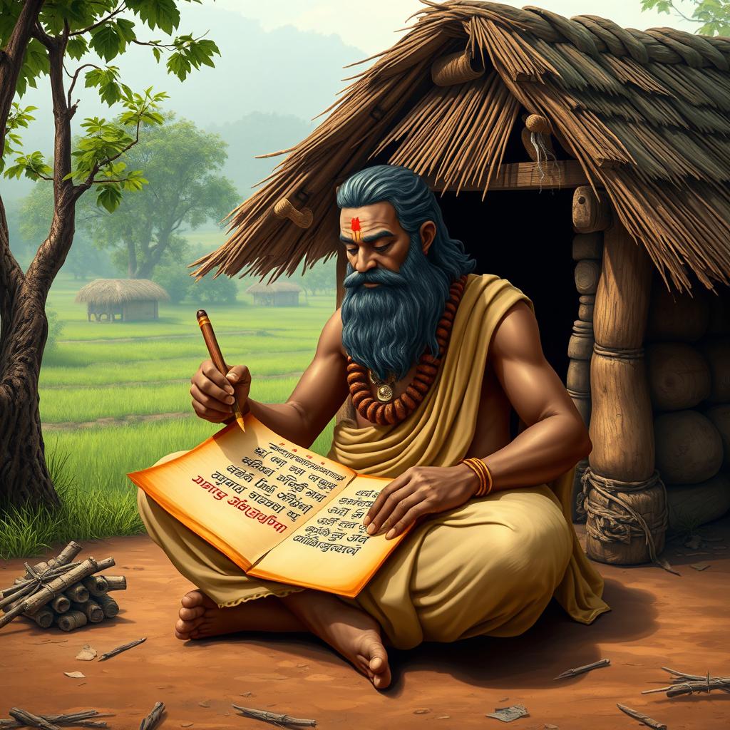 Thiruvalluvar, depicted as an ancient Tamil philosopher, is sitting cross-legged and writing in an ancient script on a palm leaf manuscript using a traditional stylus