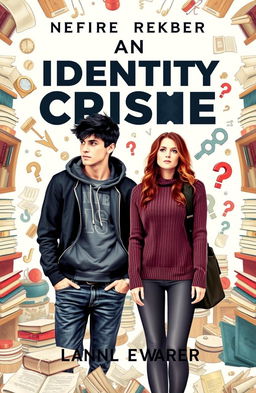 A book cover design featuring two university students, one male and one female, depicting the theme of an identity crisis