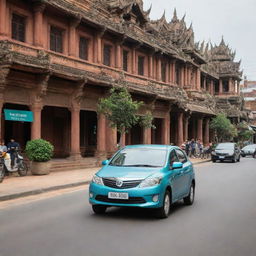 An eco-friendly Cambodian car, hybrid or electric, exhibiting a mix of traditional elegance and modern technology