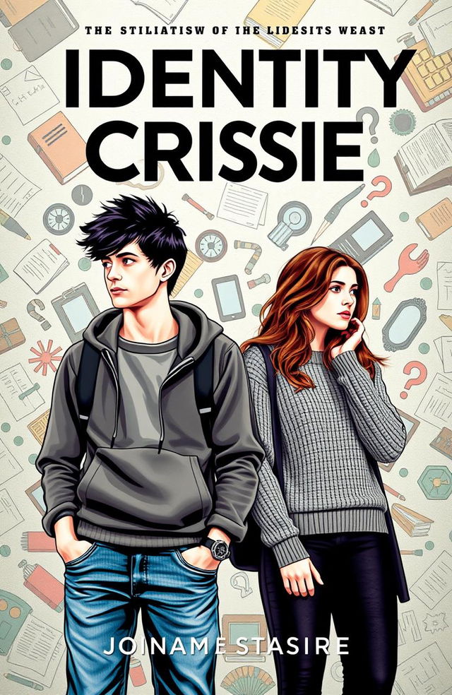 A book cover design featuring two university students, one male and one female, depicting the theme of an identity crisis