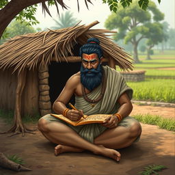 Thiruvalluvar, depicted as an ancient Tamil philosopher, is sitting cross-legged and writing in an ancient script on a palm leaf manuscript using a traditional stylus