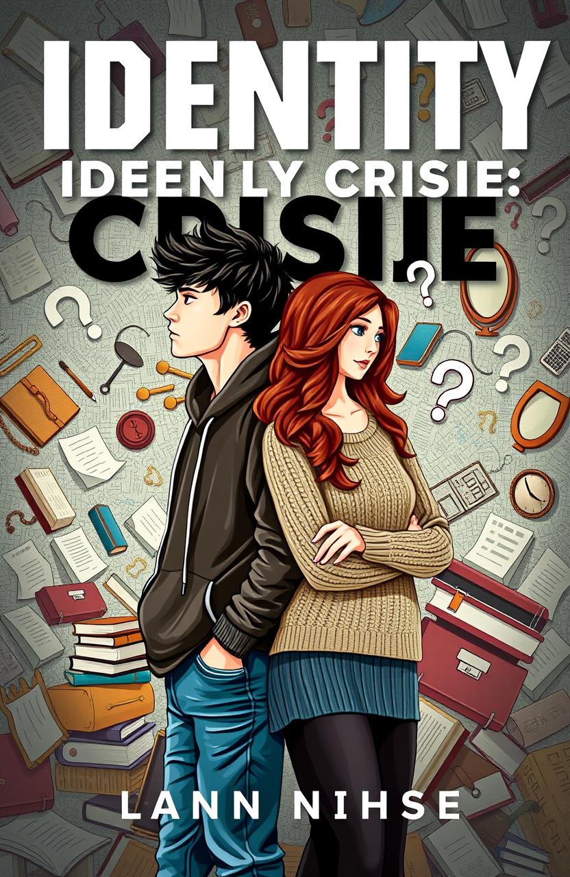 A book cover design featuring two university students, one male and one female, depicting the theme of an identity crisis