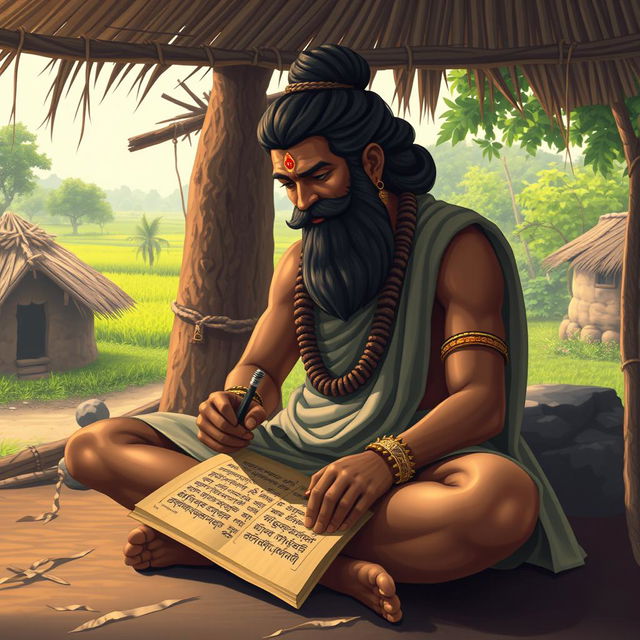 Thiruvalluvar, depicted as an ancient Tamil philosopher, is sitting cross-legged and writing in an ancient script on a palm leaf manuscript using a traditional stylus