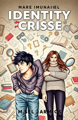 A book cover design featuring two university students, one male and one female, depicting the theme of an identity crisis