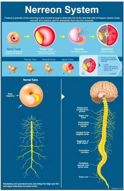 An educational illustration showing the development of the nervous system in human embryos, depicting stages from early neural tube formation to the intricate connections of neurons