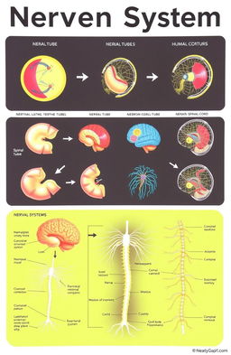 An educational illustration showing the development of the nervous system in human embryos, depicting stages from early neural tube formation to the intricate connections of neurons