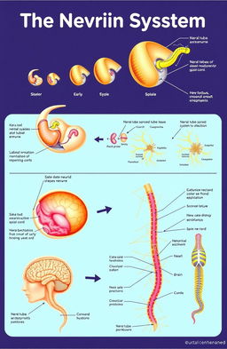An educational illustration showing the development of the nervous system in human embryos, depicting stages from early neural tube formation to the intricate connections of neurons