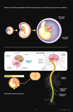 An educational illustration showing the development of the nervous system in human embryos, depicting stages from early neural tube formation to the intricate connections of neurons