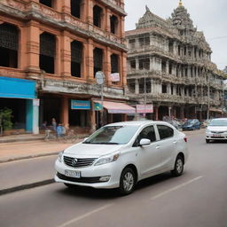 An eco-friendly Cambodian car, hybrid or electric, exhibiting a mix of traditional elegance and modern technology