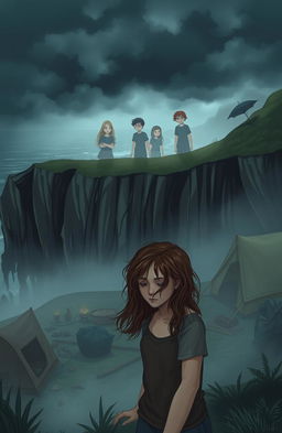 A whimsical yet eerie scene depicting a coastal cliff camping trip gone awry