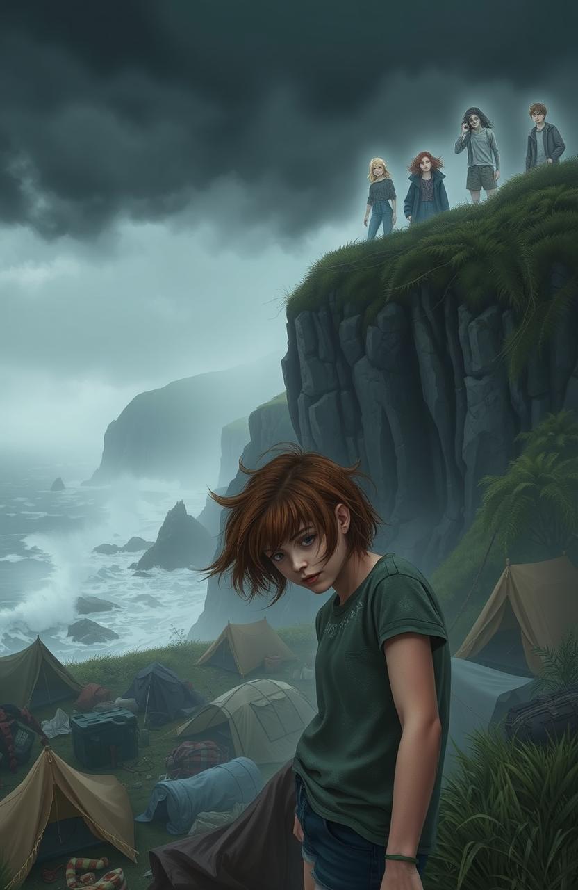 A whimsical yet eerie scene depicting a coastal cliff camping trip gone awry