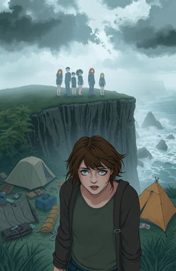 A whimsical yet eerie scene depicting a coastal cliff camping trip gone awry