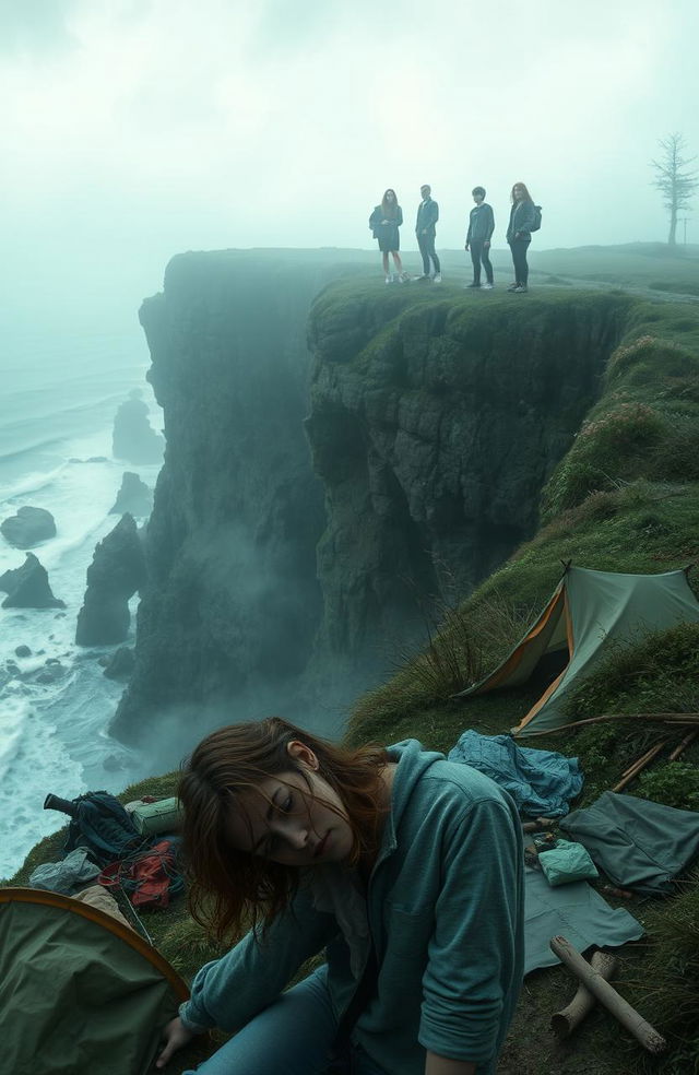 A whimsical yet eerie scene depicting a coastal cliff camping trip gone awry