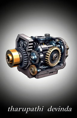 A detailed illustration of a gear box, showcasing various components such as gears, shafts, and housing
