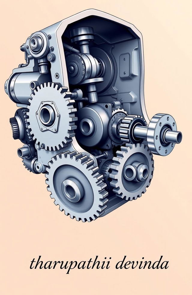 A detailed illustration of a gear box, showcasing various components such as gears, shafts, and housing