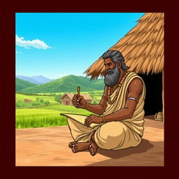 Thiruvalluvar, portrayed as an ancient Tamil philosopher, is sitting cross-legged in traditional attire, carefully writing on an olai chuvadi (palm leaf manuscript) with a stylus