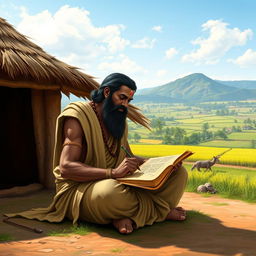 Thiruvalluvar, portrayed as an ancient Tamil philosopher, is sitting cross-legged in traditional attire, carefully writing on an olai chuvadi (palm leaf manuscript) with a stylus