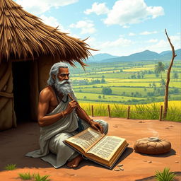 Thiruvalluvar, portrayed as an ancient Tamil philosopher, is sitting cross-legged in traditional attire, carefully writing on an olai chuvadi (palm leaf manuscript) with a stylus