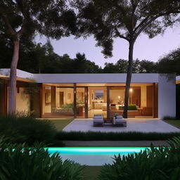 Generate a modern architectural masterpiece of a house with large glass windows, a green landscape garden, and an inviting pool area.