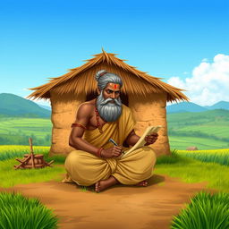 Thiruvalluvar, portrayed as an ancient Tamil philosopher, is sitting cross-legged in traditional attire, carefully writing on an olai chuvadi (palm leaf manuscript) with a stylus