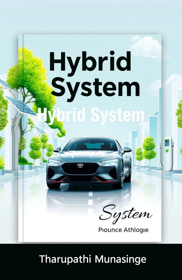 A visually striking book cover design for a book titled 'Hybrid System' focused on automobile technology