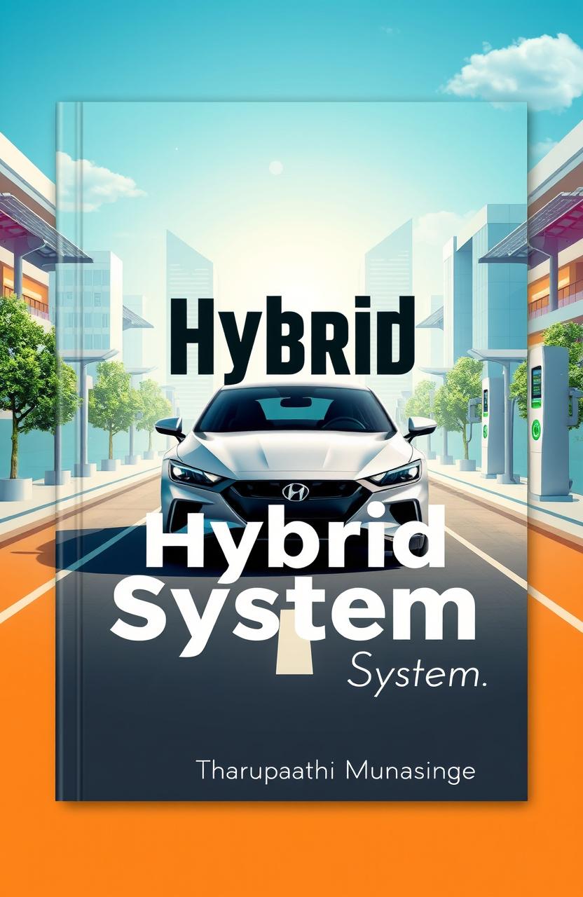 A visually striking book cover design for a book titled 'Hybrid System' focused on automobile technology