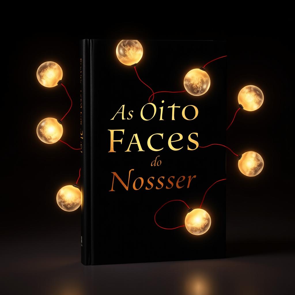 A dark book cover featuring eight glowing orbs of light spread across the design, all interconnected by a vivid red thread