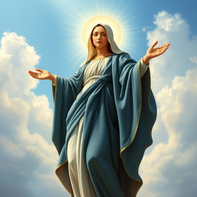 A beautiful depiction of Mother Mary of the Assumption, gracefully ascending, surrounded by a halo of light