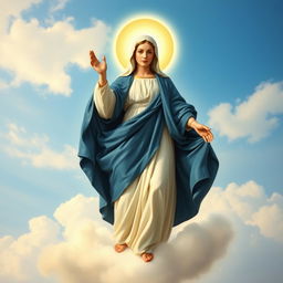 A beautiful depiction of Mother Mary of the Assumption, gracefully ascending, surrounded by a halo of light