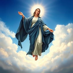 A beautiful depiction of Mother Mary of the Assumption, gracefully ascending, surrounded by a halo of light