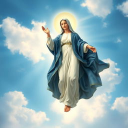 A beautiful depiction of Mother Mary of the Assumption, gracefully ascending, surrounded by a halo of light