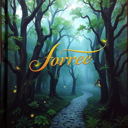 A captivating book cover featuring an ancient, mystical forest shrouded in a soft mist