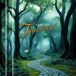 A captivating book cover featuring an ancient, mystical forest shrouded in a soft mist