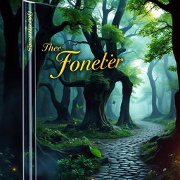 A captivating book cover featuring an ancient, mystical forest shrouded in a soft mist