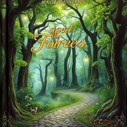 A captivating book cover featuring an ancient, mystical forest shrouded in a soft mist