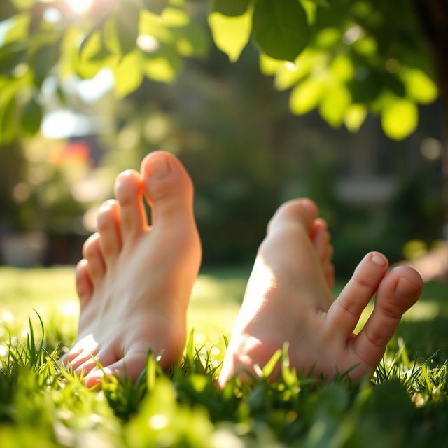 A close-up shot of a pair of beautiful, bare feet of a young woman, showcasing her perfectly pedicured toes and smooth skin