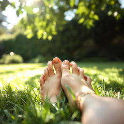 A close-up shot of a pair of beautiful, bare feet of a young woman, showcasing her perfectly pedicured toes and smooth skin