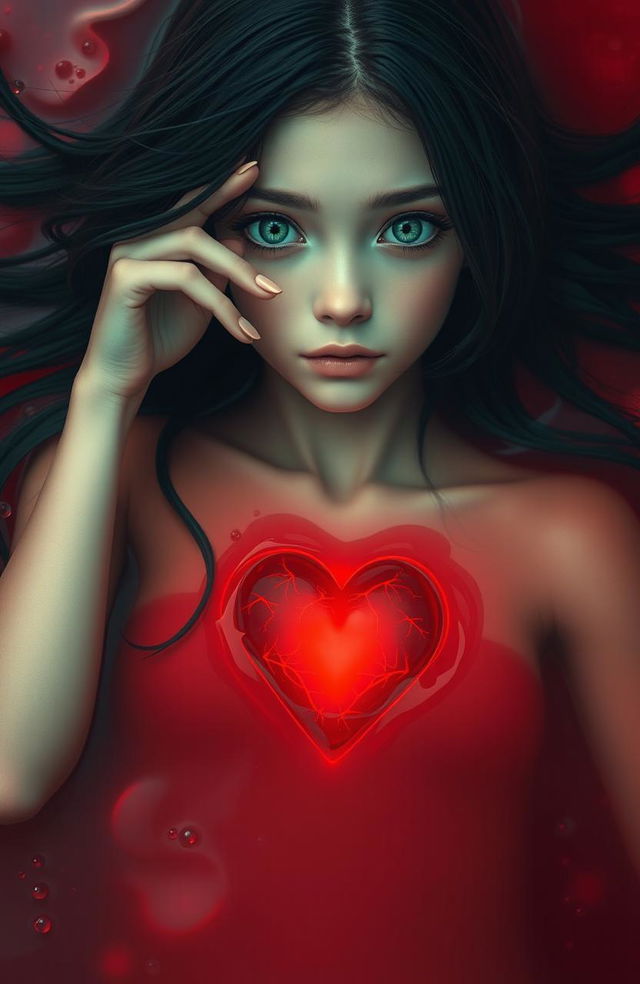 A girl with flowing black hair and striking green eyes lies gracefully in shimmering red water