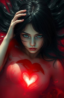 A girl with flowing black hair and striking green eyes lies gracefully in shimmering red water