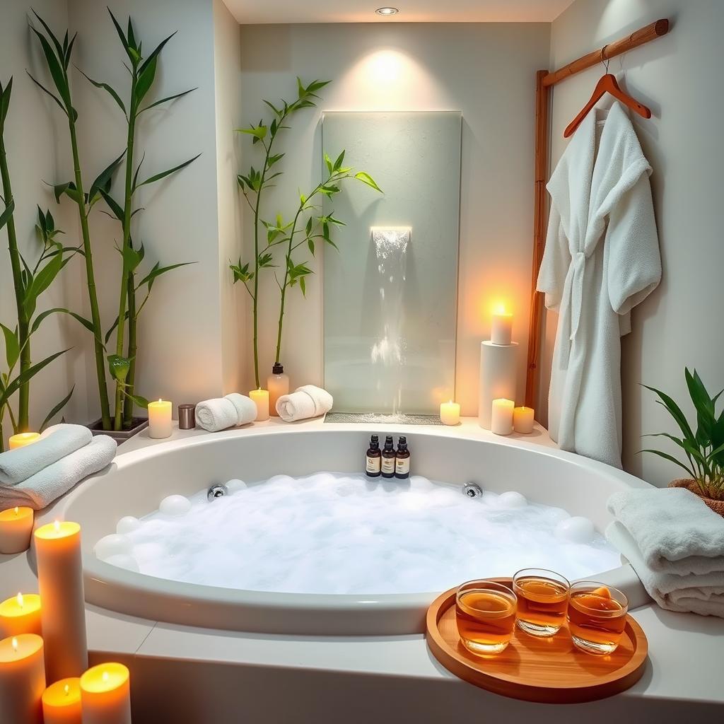 A serene and inviting home spa setting featuring a luxurious bubble bath, surrounded by candles, essential oils, and soft towels