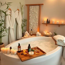 A serene and inviting home spa setting featuring a luxurious bubble bath, surrounded by candles, essential oils, and soft towels