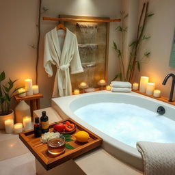 A serene and inviting home spa setting featuring a luxurious bubble bath, surrounded by candles, essential oils, and soft towels