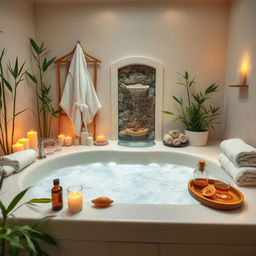 A serene and inviting home spa setting featuring a luxurious bubble bath, surrounded by candles, essential oils, and soft towels