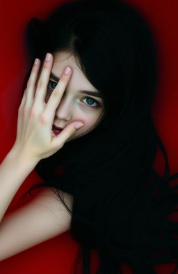A girl with long, flowing black hair and striking green eyes lies gracefully in a pool of vibrant red water