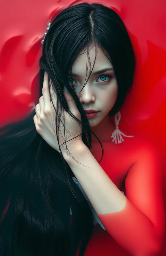 A girl with long, flowing black hair and striking green eyes lies gracefully in a pool of vibrant red water