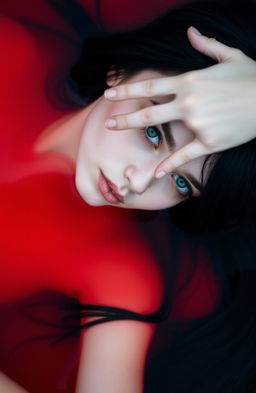 A girl with long, flowing black hair and striking green eyes lies gracefully in a pool of vibrant red water