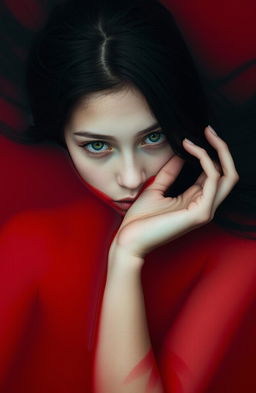 A girl with long, flowing black hair and striking green eyes lies gracefully in a pool of vibrant red water