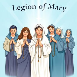 A vibrant and inspiring depiction of the Legion of Mary, showcasing a group of devoted members engaged in prayer and community service