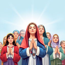 A vibrant and inspiring depiction of the Legion of Mary, showcasing a group of devoted members engaged in prayer and community service