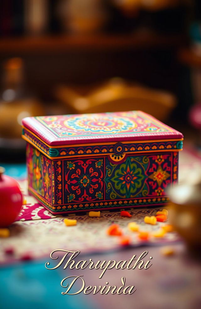 A visually striking image featuring a vibrant, colorful Gera box, intricately designed with traditional patterns and textures